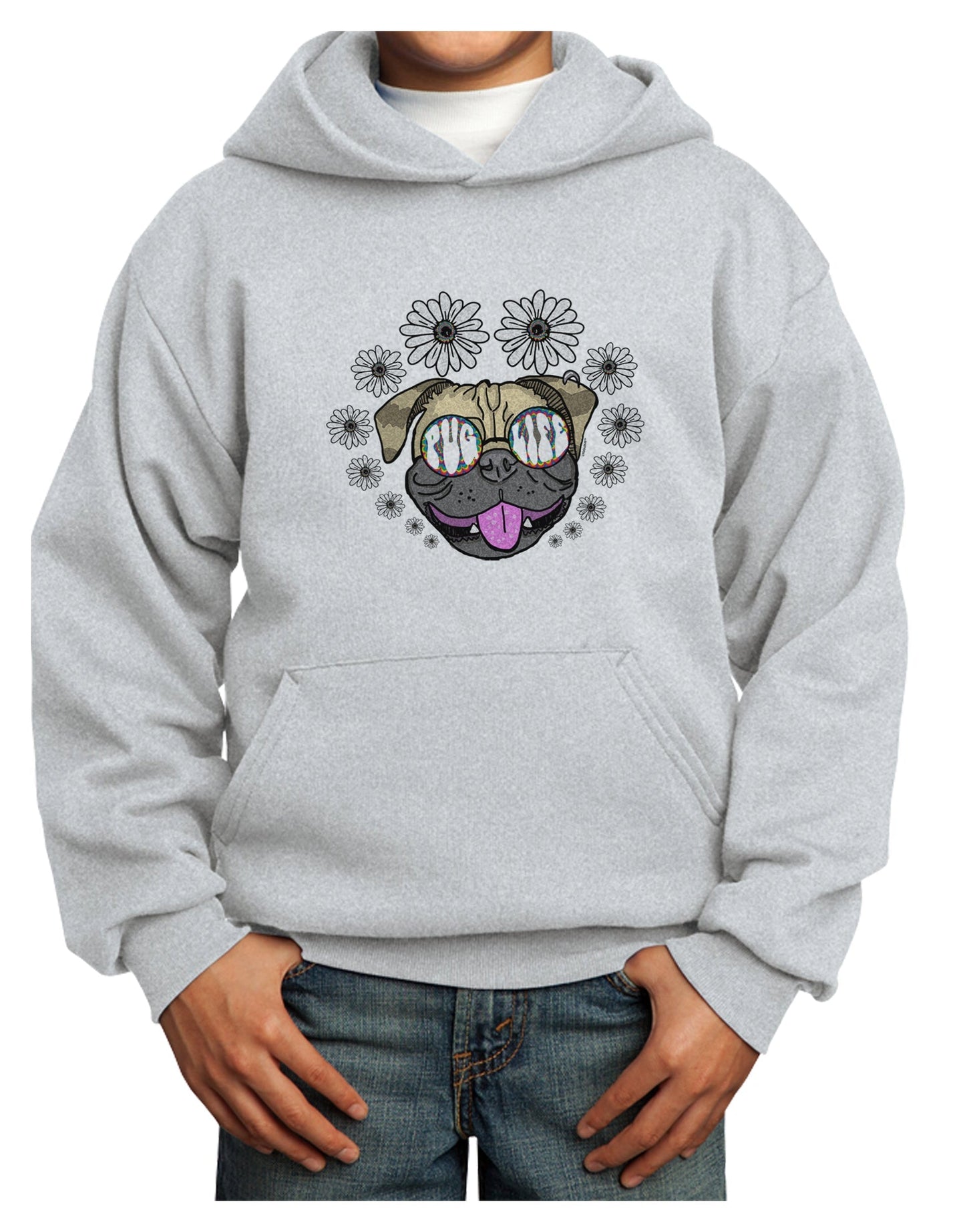 TooLoud Pug Life Hippy Youth Hoodie Pullover Sweatshirt-Youth Hoodie-TooLoud-Ash-XS-Davson Sales