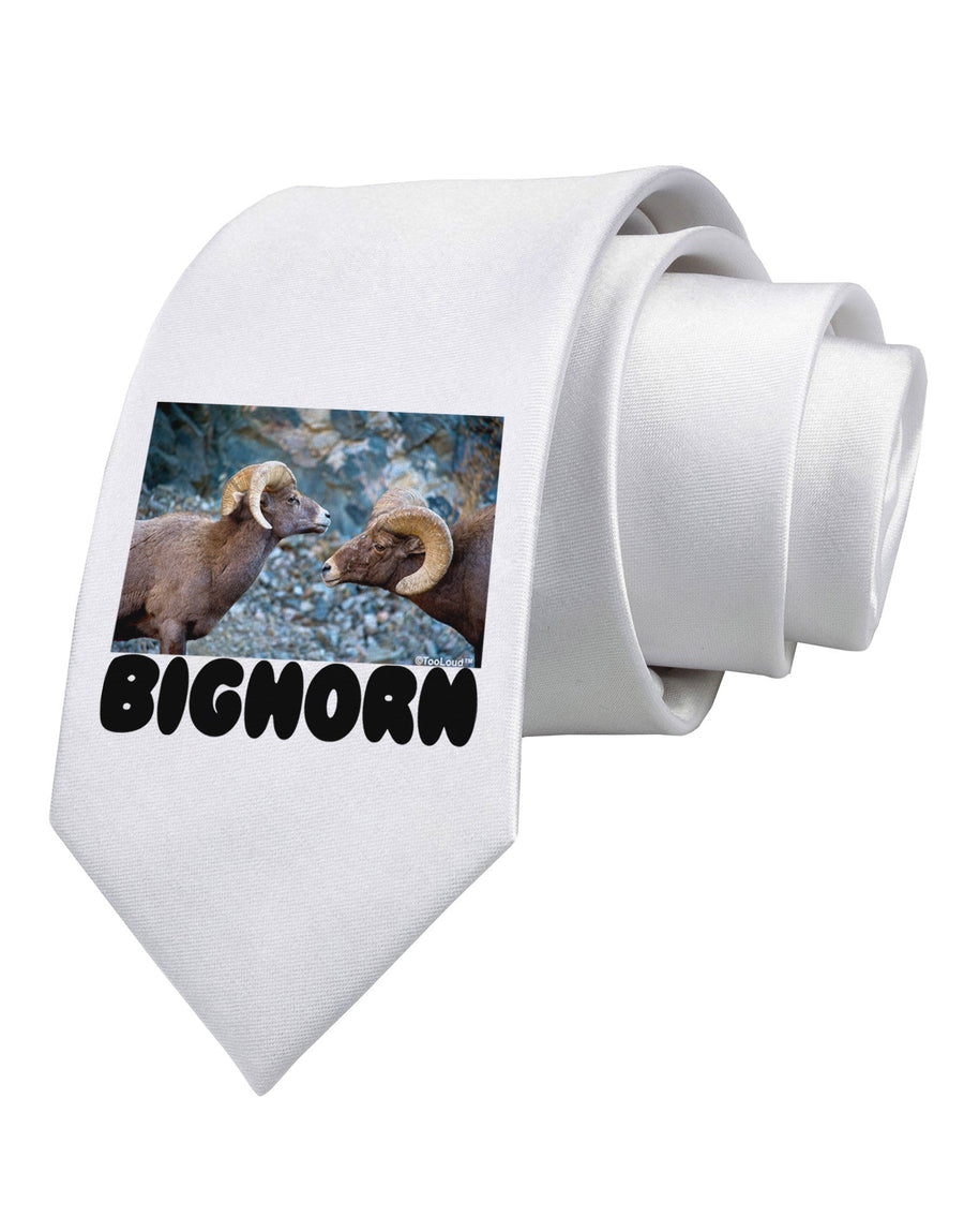 Two Bighorn Rams Text Printed White Necktie