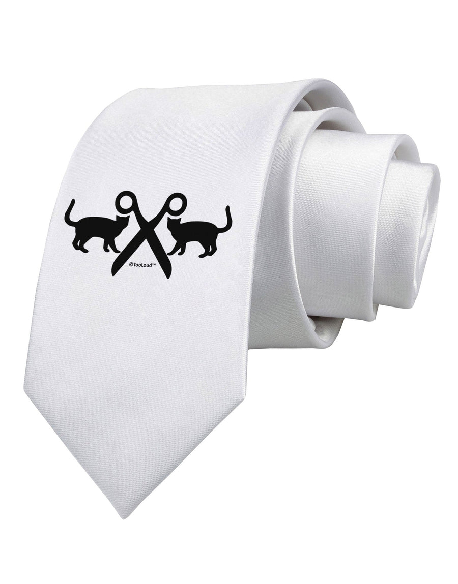 Two Cats With Scissors Printed White Necktie by TooLoud