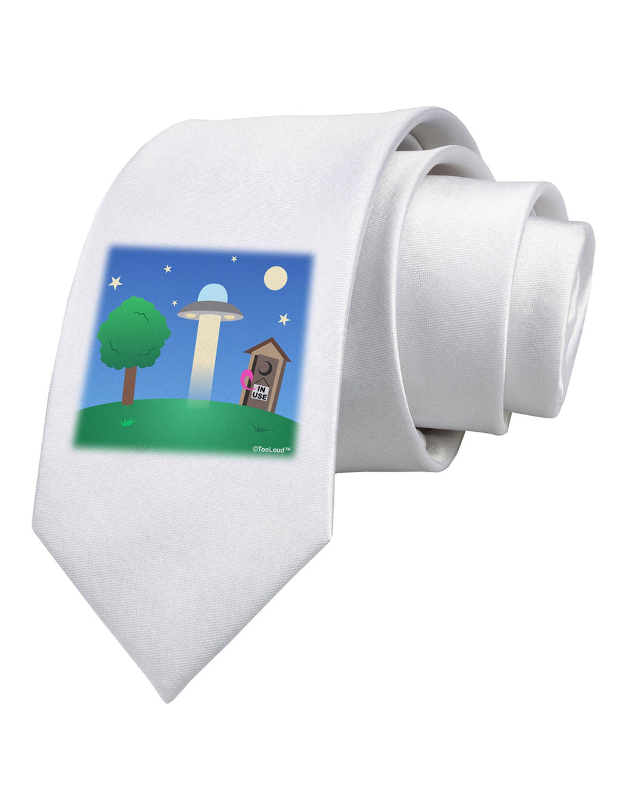 UFO Stopping At an Out-house Printed White Necktie by TooLoud