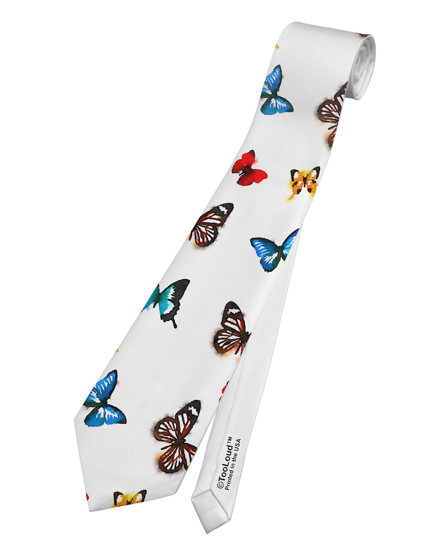 Watercolor Butterflies AOP Printed White Necktie All Over Print