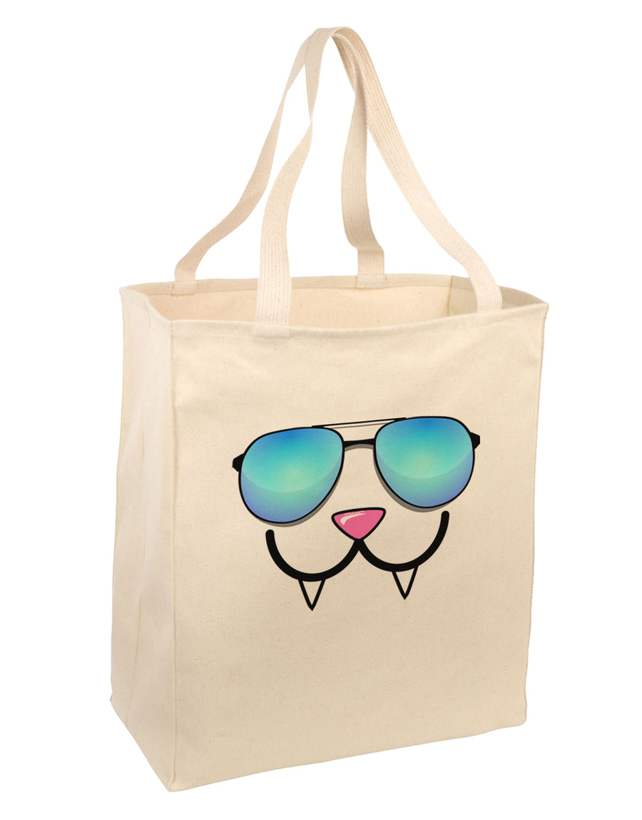 Kyu-T Face - Fangs Cool Sunglasses Large Grocery Tote Bag-Grocery Tote-TooLoud-Natural-Large-Davson Sales