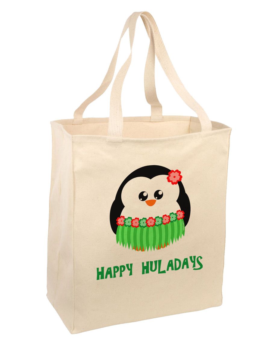 Happy Huladays Christmas Penguin - Red and Green Large Grocery Tote Bag-Grocery Tote-TooLoud-Natural-Large-Davson Sales