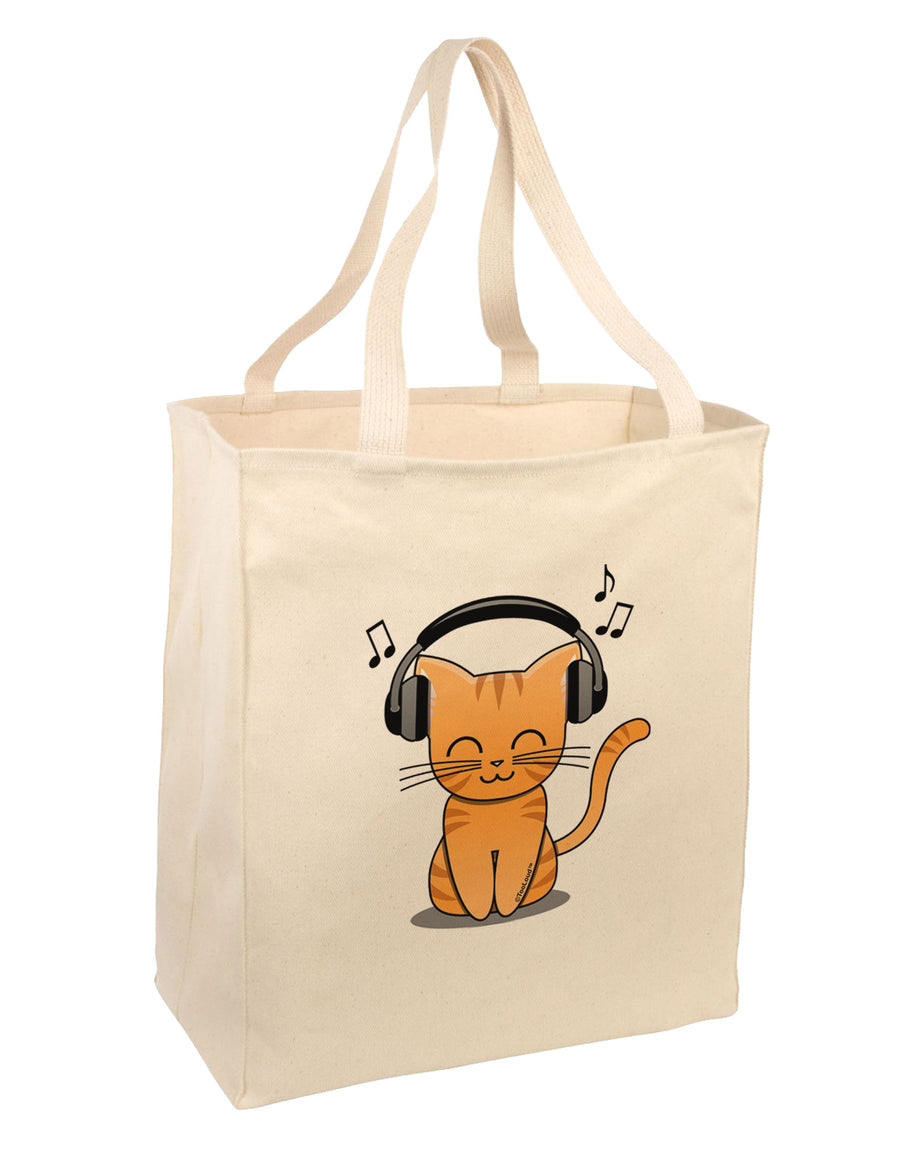 Cute Kitty With Headphones Large Grocery Tote Bag-Grocery Tote-TooLoud-Natural-Large-Davson Sales