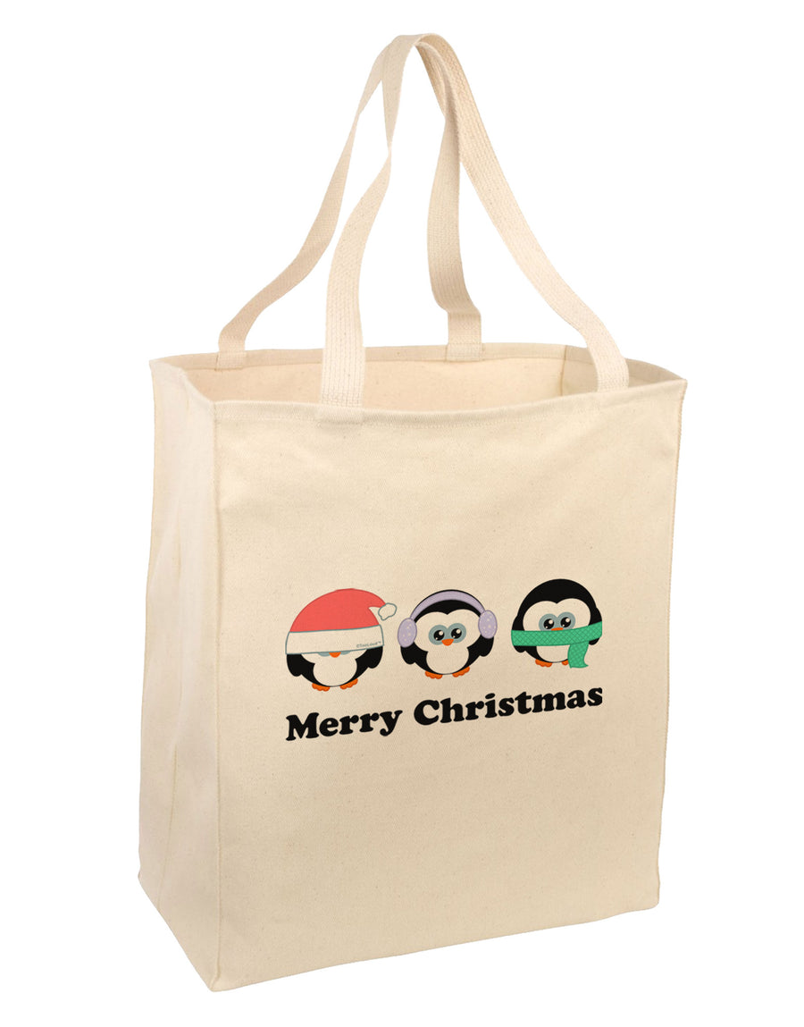 Merry Christmas Penguins See Hear Speak No Evil Large Grocery Tote Bag-Grocery Tote-TooLoud-Natural-Large-Davson Sales