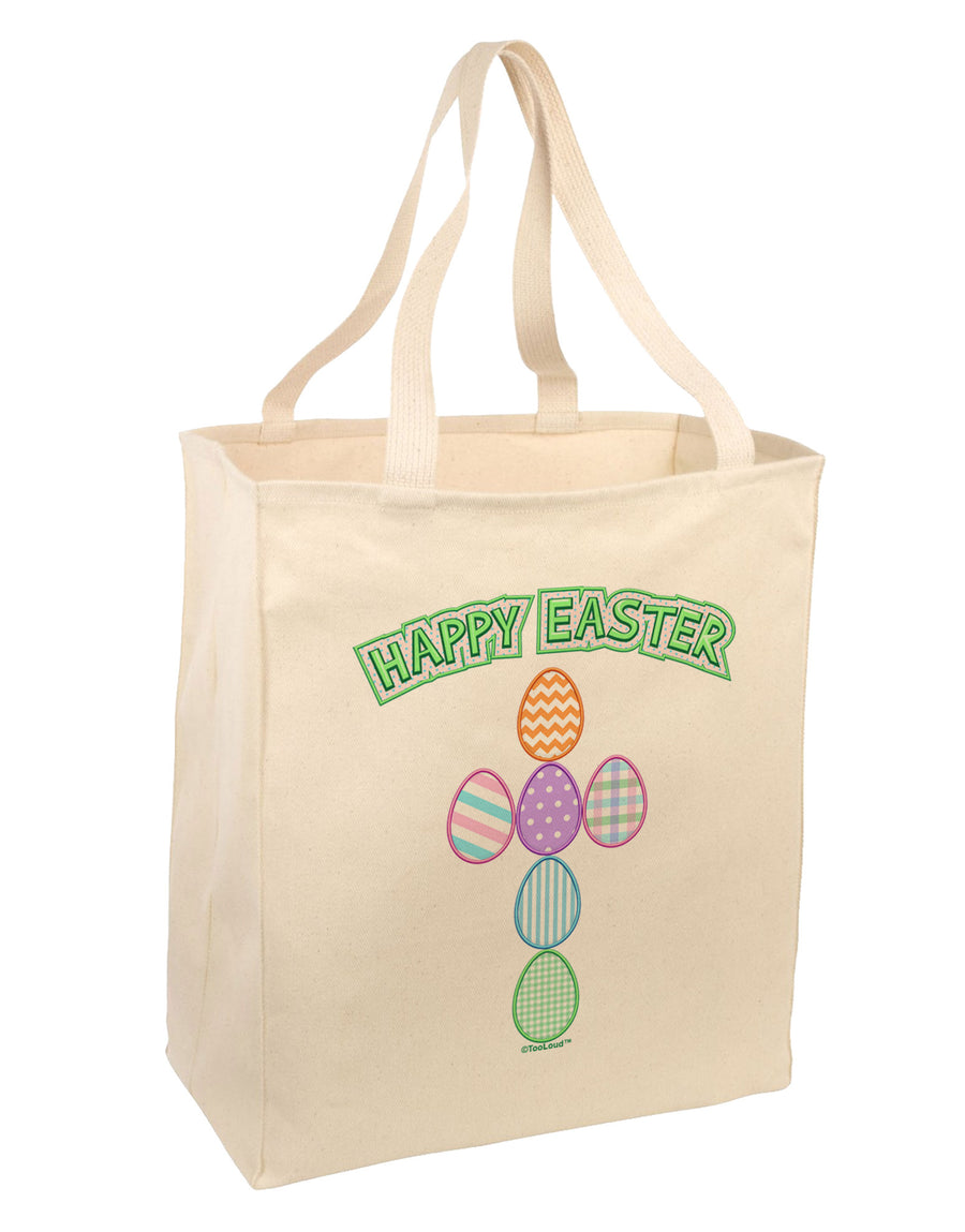 Happy Easter Egg Cross Faux Applique Large Grocery Tote Bag-Grocery Tote-TooLoud-Natural-Large-Davson Sales