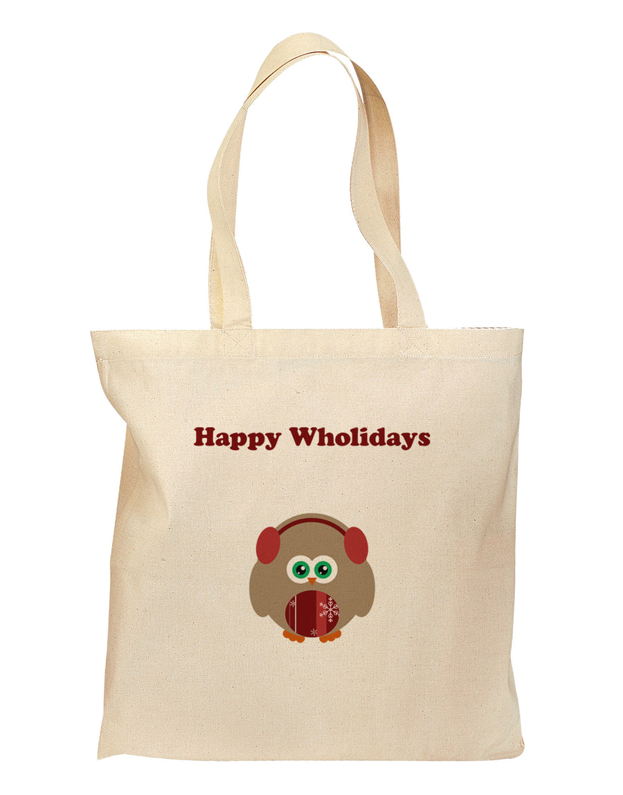 Happy Wholidays Winter Owl With Earmuffs Grocery Tote Bag-Grocery Tote-TooLoud-Natural-Medium-Davson Sales