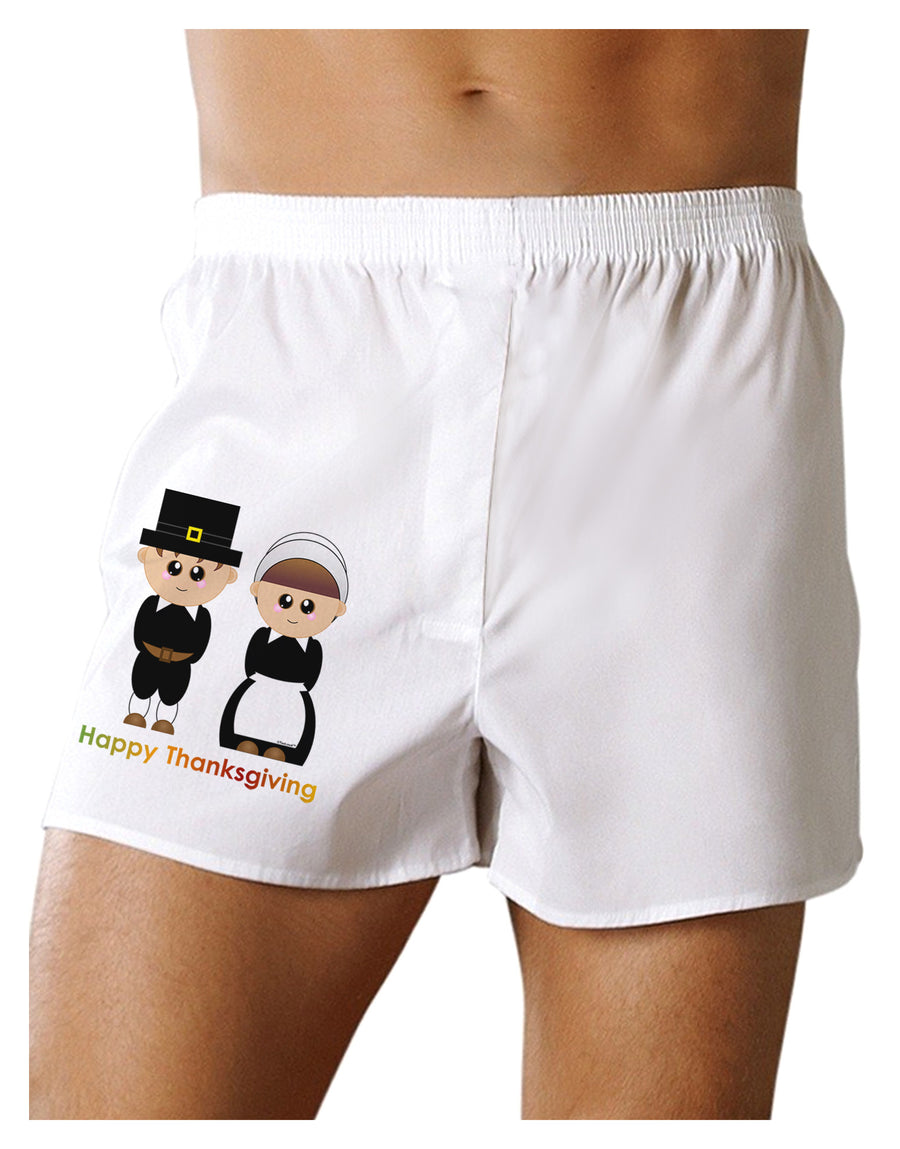 Cute Pilgrim Couple Happy Thanksgiving Boxer Shorts-Boxer Shorts-TooLoud-White-Small-Davson Sales