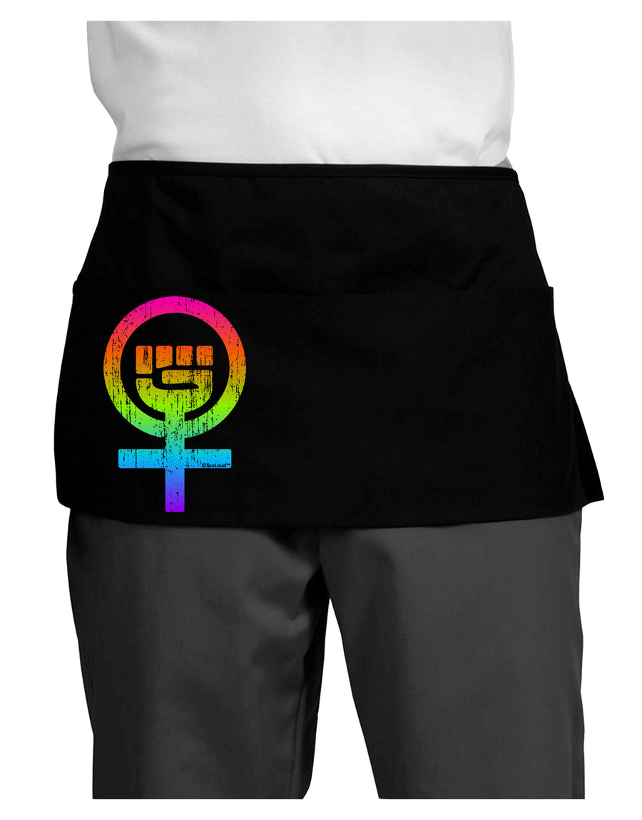Rainbow Distressed Feminism Symbol Dark Adult Mini Waist Apron, Server Apron