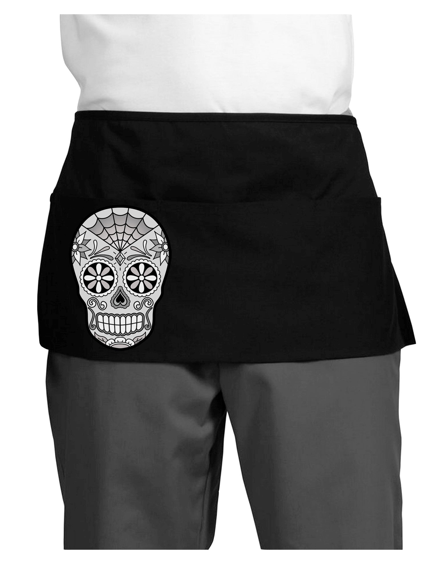 Version 10 Grayscale Day of the Dead Calavera Dark Adult Mini Waist Apron, Server Apron-Mini Waist Apron-TooLoud-Black-One-Size-Davson Sales