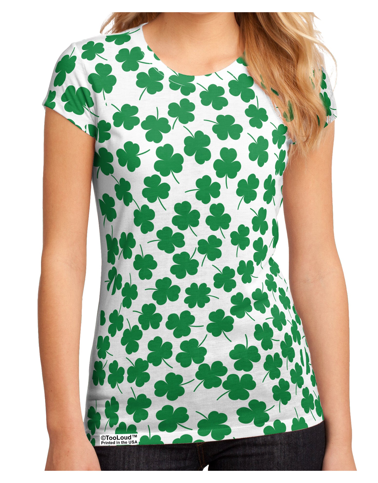 Find the 4 Leaf Clover Shamrocks Juniors Petite Sub Tee Single Side All Over Print-TooLoud-White-Small-Davson Sales