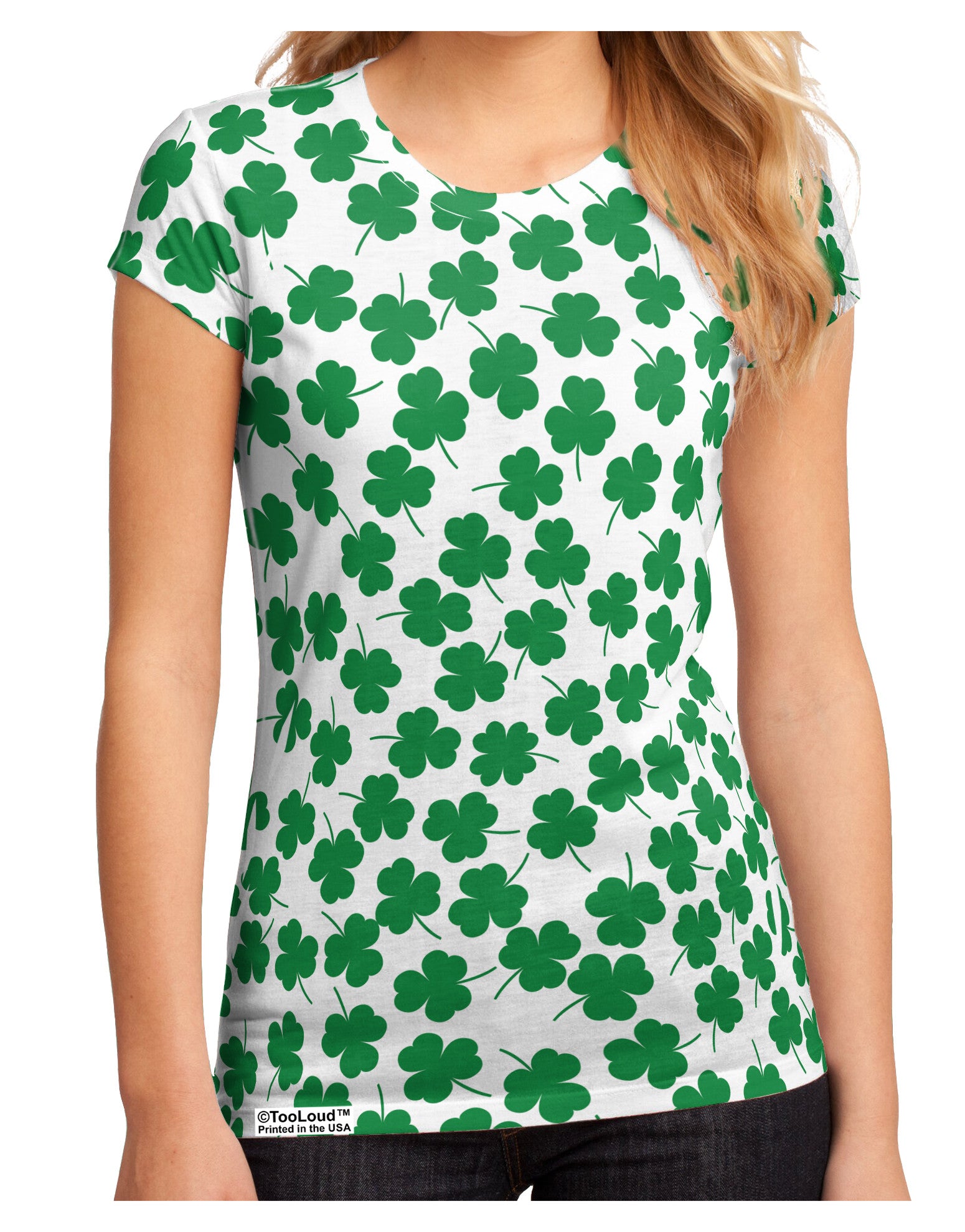 Find the 4 Leaf Clover Shamrocks Juniors Petite Sub Tee Dual Sided All Over Print-TooLoud-White-Small-Davson Sales
