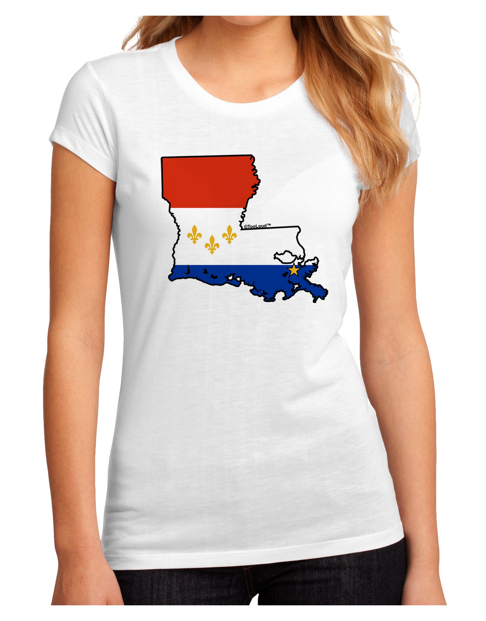 New Orleans Louisiana Flag Juniors Petite Sublimate Tee-TooLoud-White-Small-Davson Sales