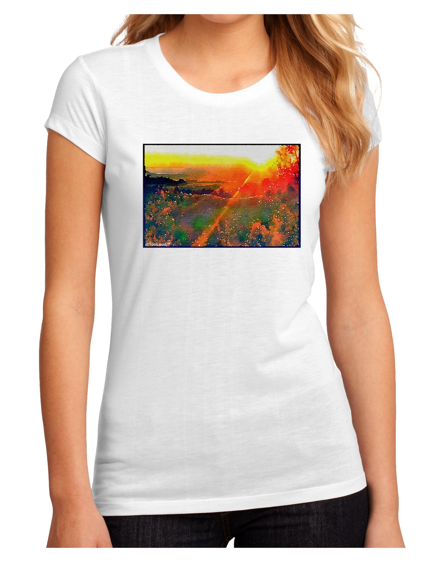 Colorado Sunset Watercolor Juniors Petite Sublimate Tee-TooLoud-White-Small-Davson Sales