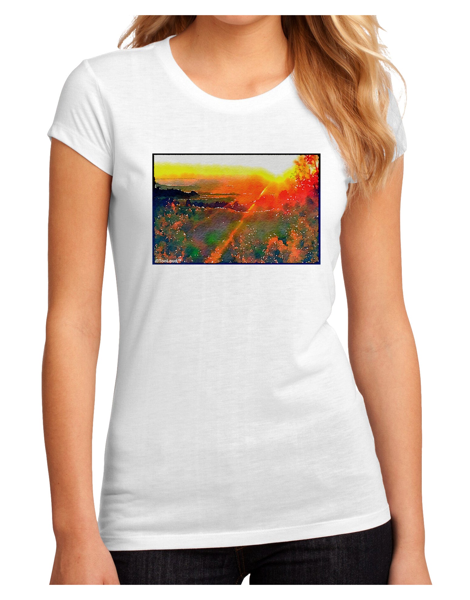 Colorado Sunset Watercolor Juniors Petite Sublimate Tee-TooLoud-White-Small-Davson Sales