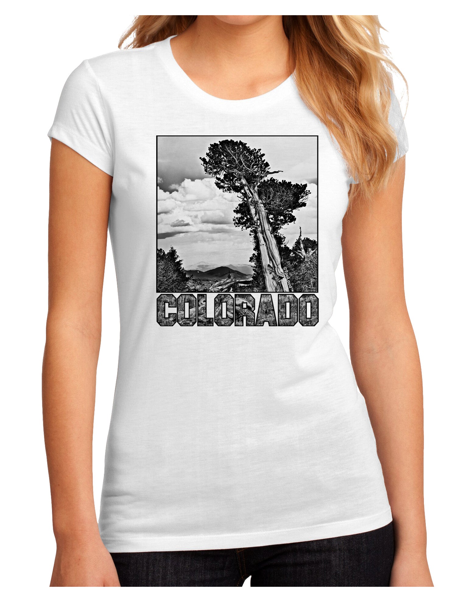 Colorado Landscape Text BW Juniors Sublimate Tee-TooLoud-White-Small-Davson Sales