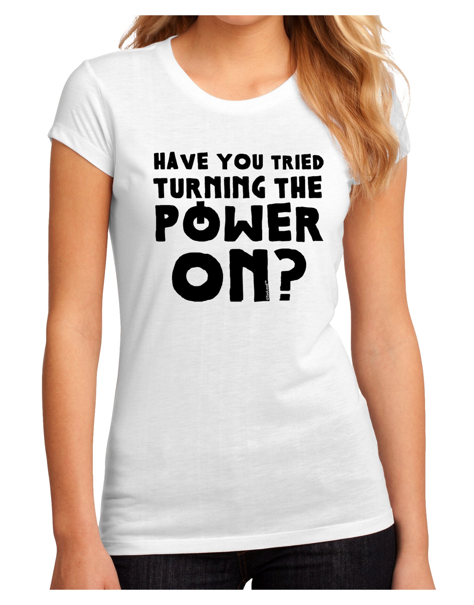 Turning the Power On Juniors Petite Sublimate Tee-TooLoud-White-Small-Davson Sales