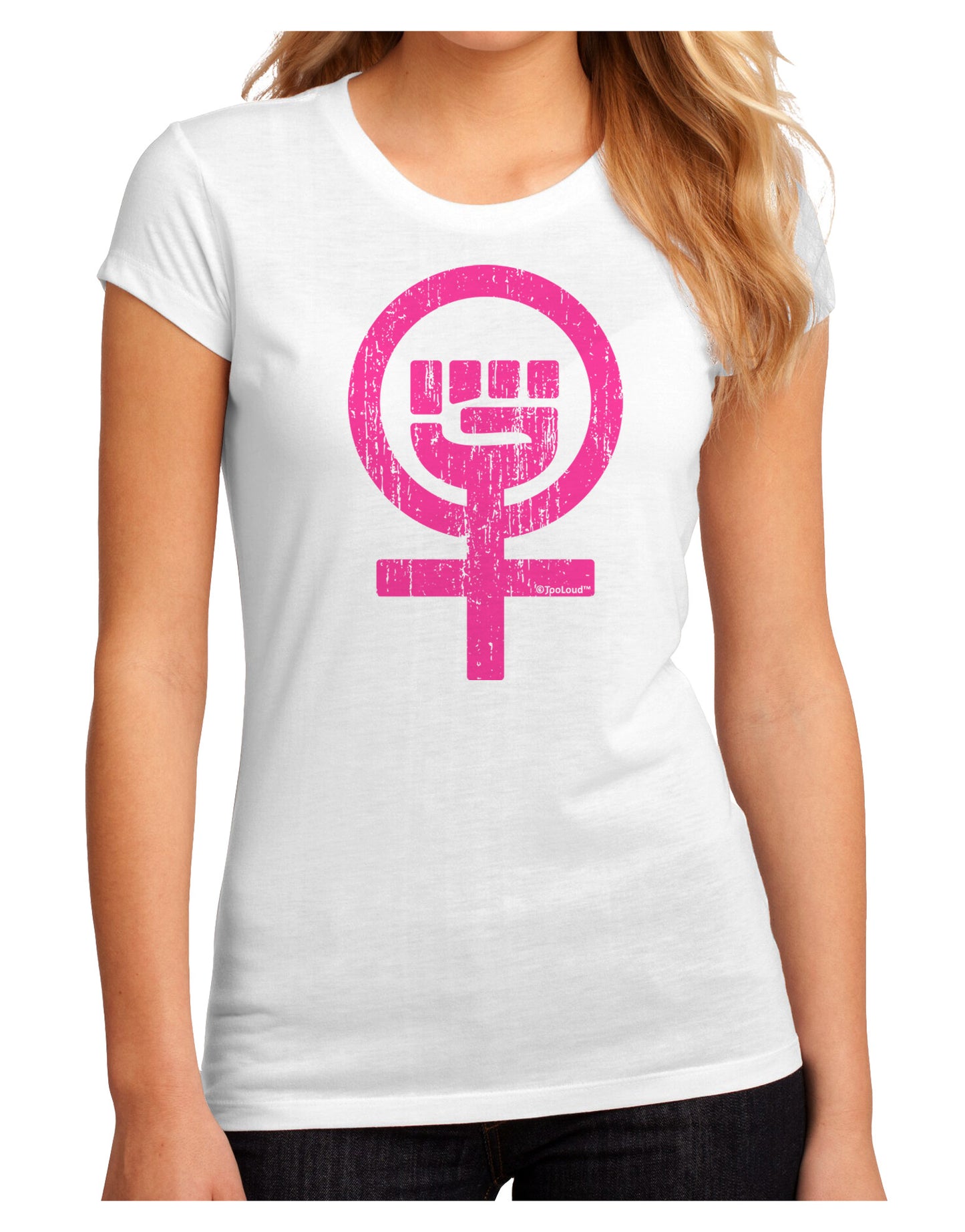 Pink Distressed Feminism Symbol Juniors Sublimate Tee-TooLoud-White-Small-Davson Sales