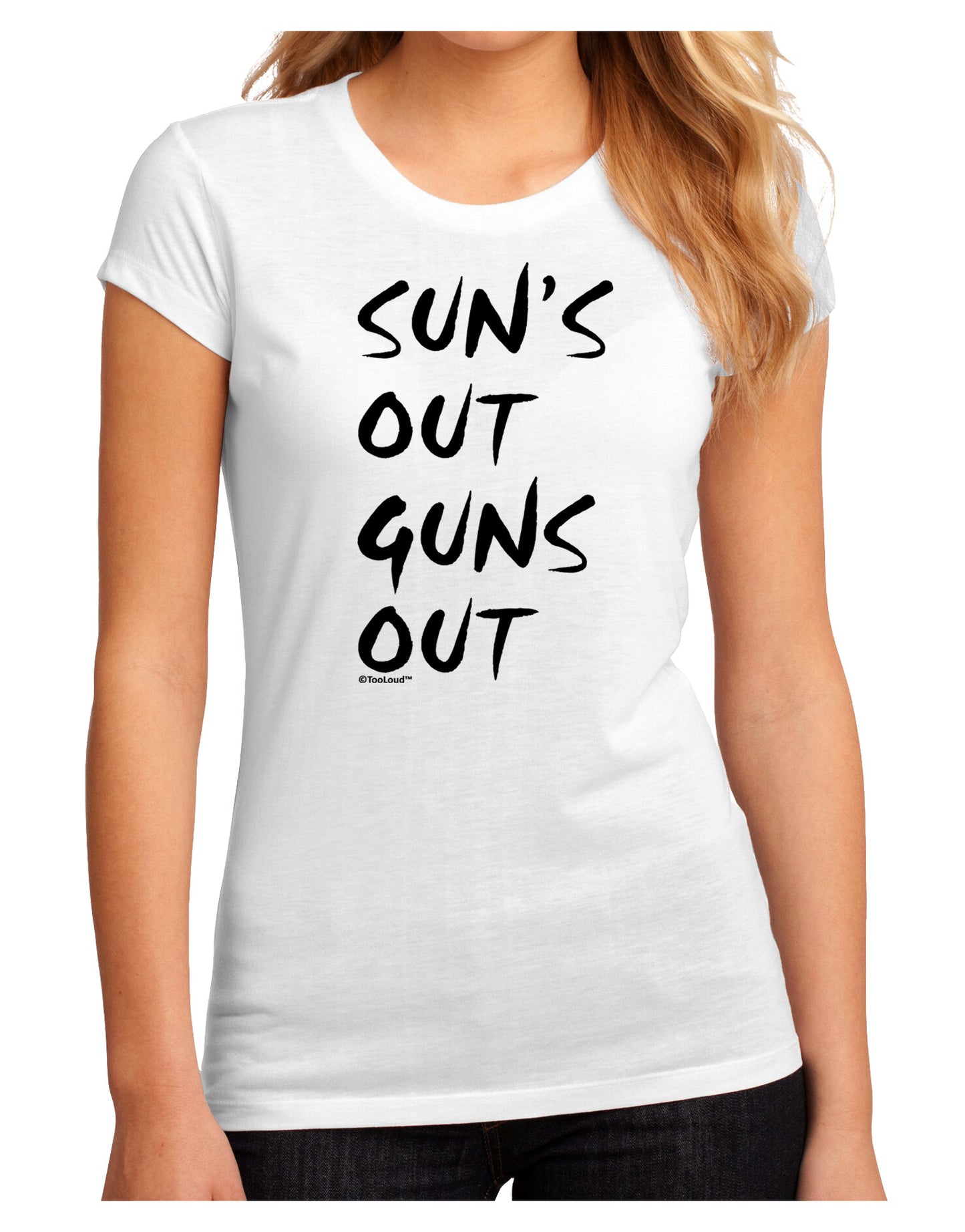 Suns Out Guns Out Juniors Sublimate Tee-TooLoud-White-Small-Davson Sales