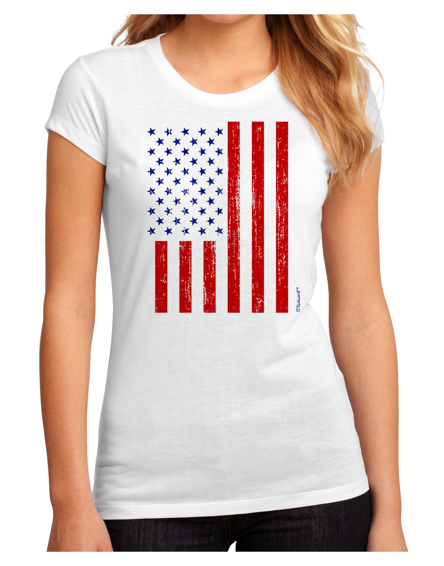 Red and Blue Stamp Style American Flag - Distressed Juniors Sublimate Tee by TooLoud-Womens T-Shirt-TooLoud-White-Small-Davson Sales
