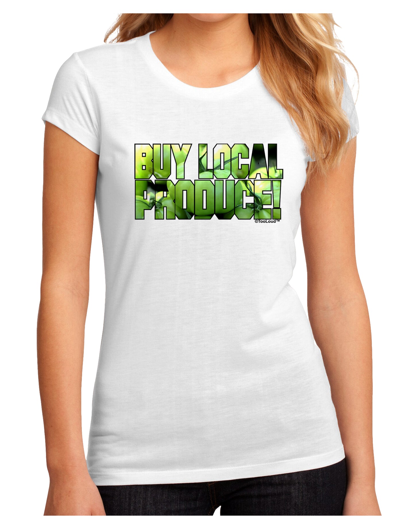 Buy Local - Green Tomatoes Text Juniors Sublimate Tee-TooLoud-White-Small-Davson Sales