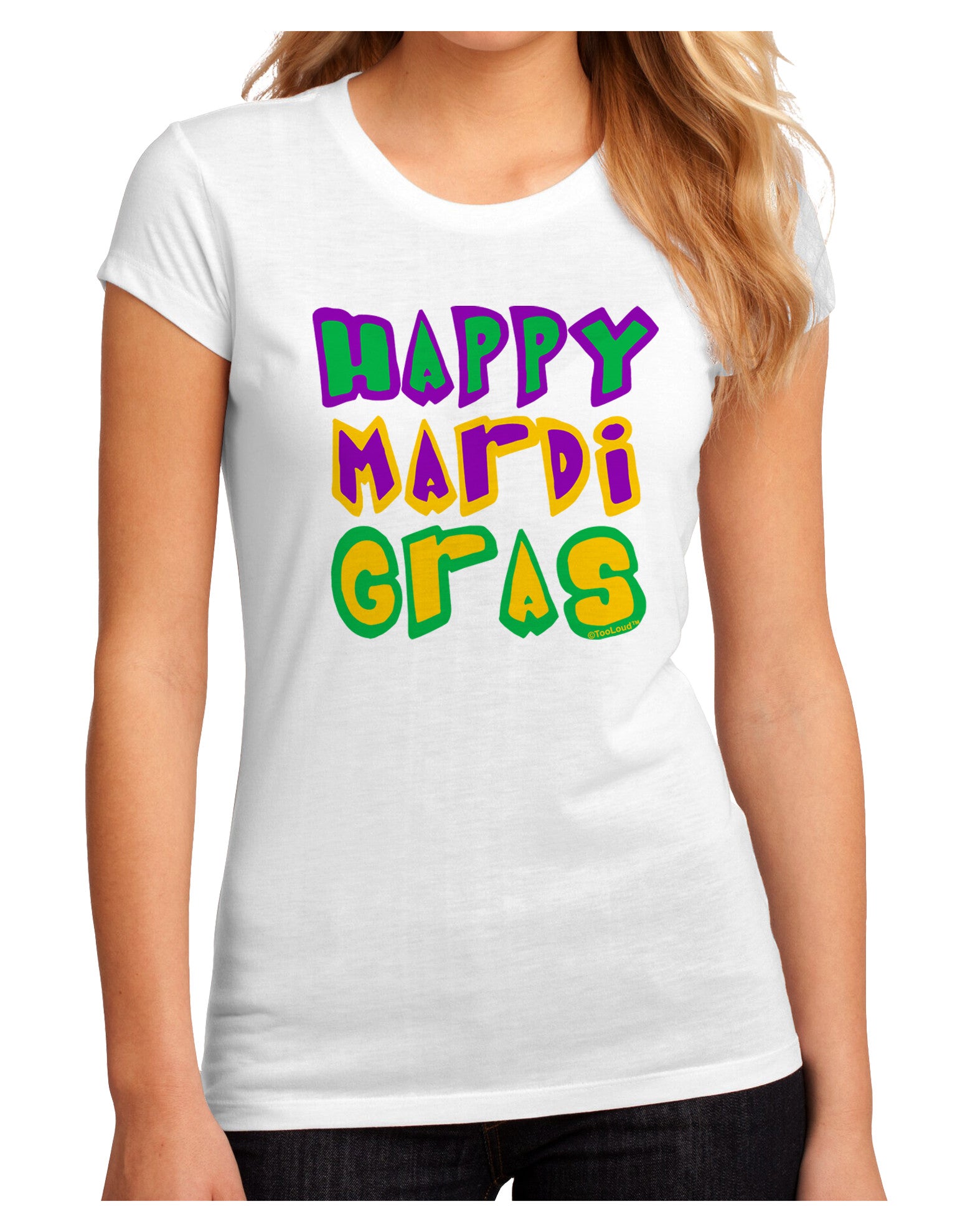 Happy Mardi Gras Text 2 Juniors Petite Sublimate Tee-TooLoud-White-Small-Davson Sales