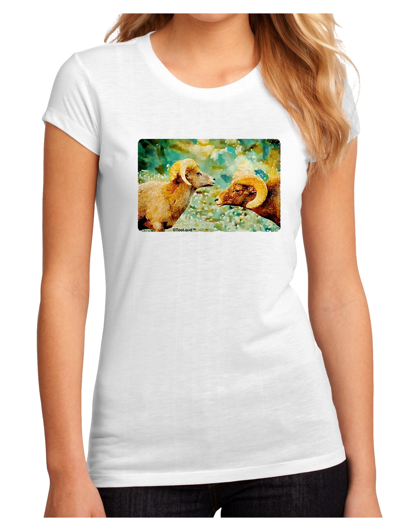 Two Bighorn Rams Watercolor Juniors Sublimate Tee-TooLoud-White-Small-Davson Sales