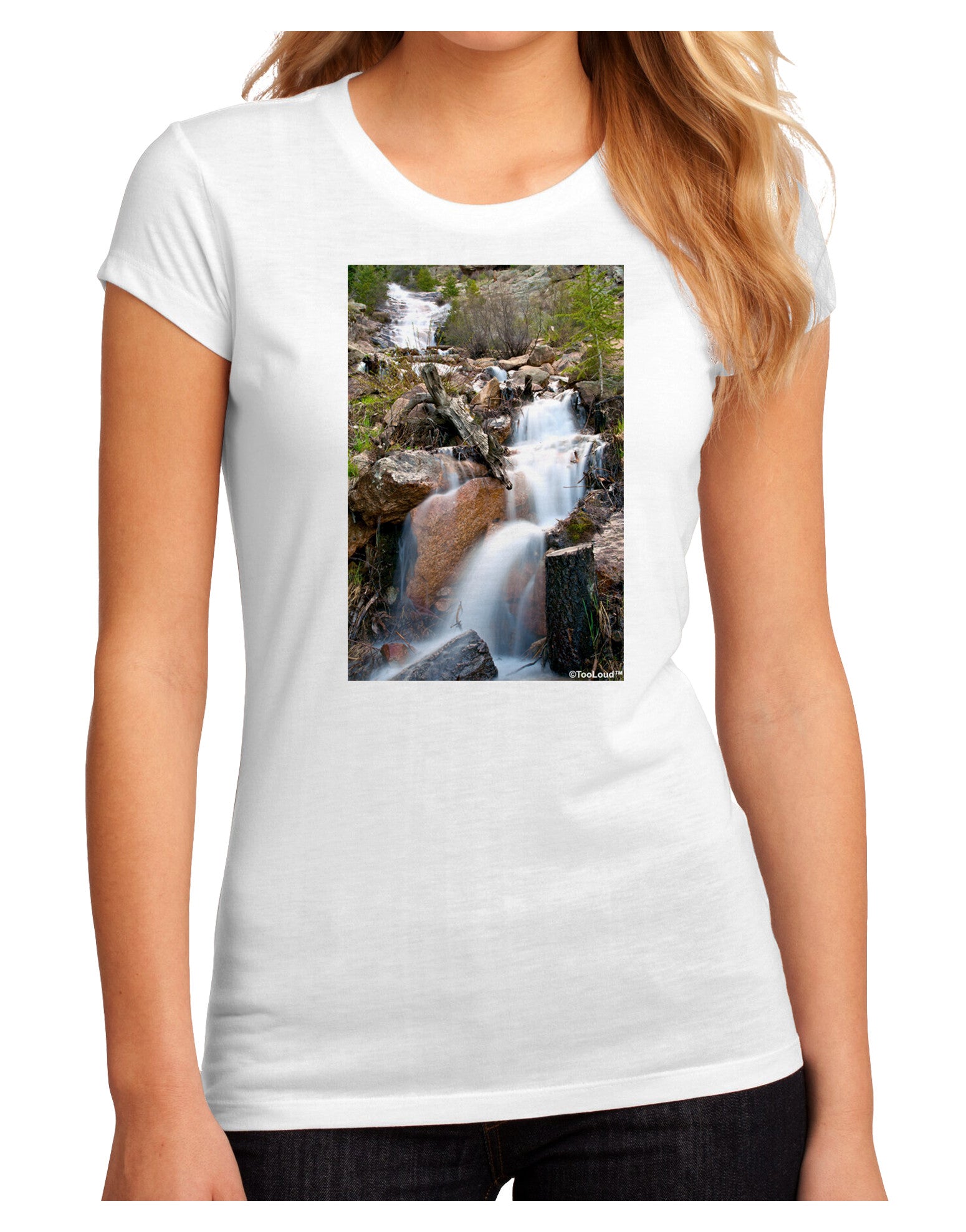 Colorado Waterfall Scene Juniors Sublimate Tee-TooLoud-White-Small-Davson Sales