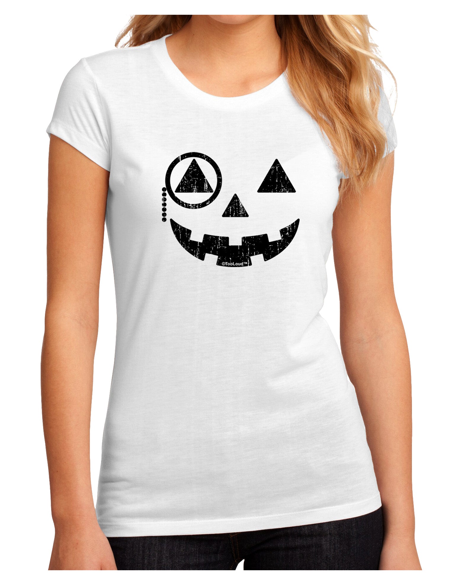Monocle Jack-o-Lantern Distressed Juniors Sublimate Tee-TooLoud-White-Small-Davson Sales