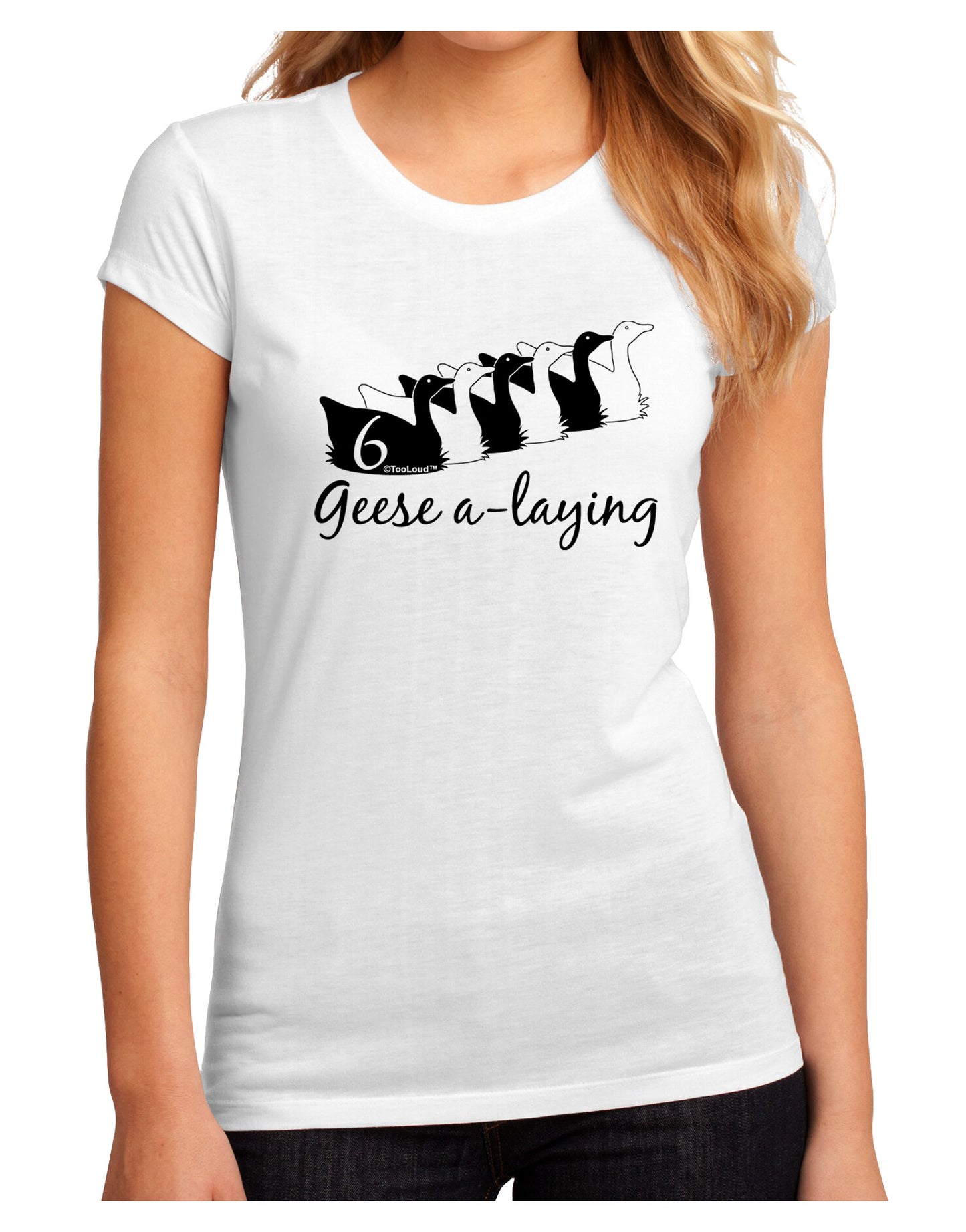 Six Geese A laying Text Juniors Sublimate Tee-TooLoud-White-Small-Davson Sales