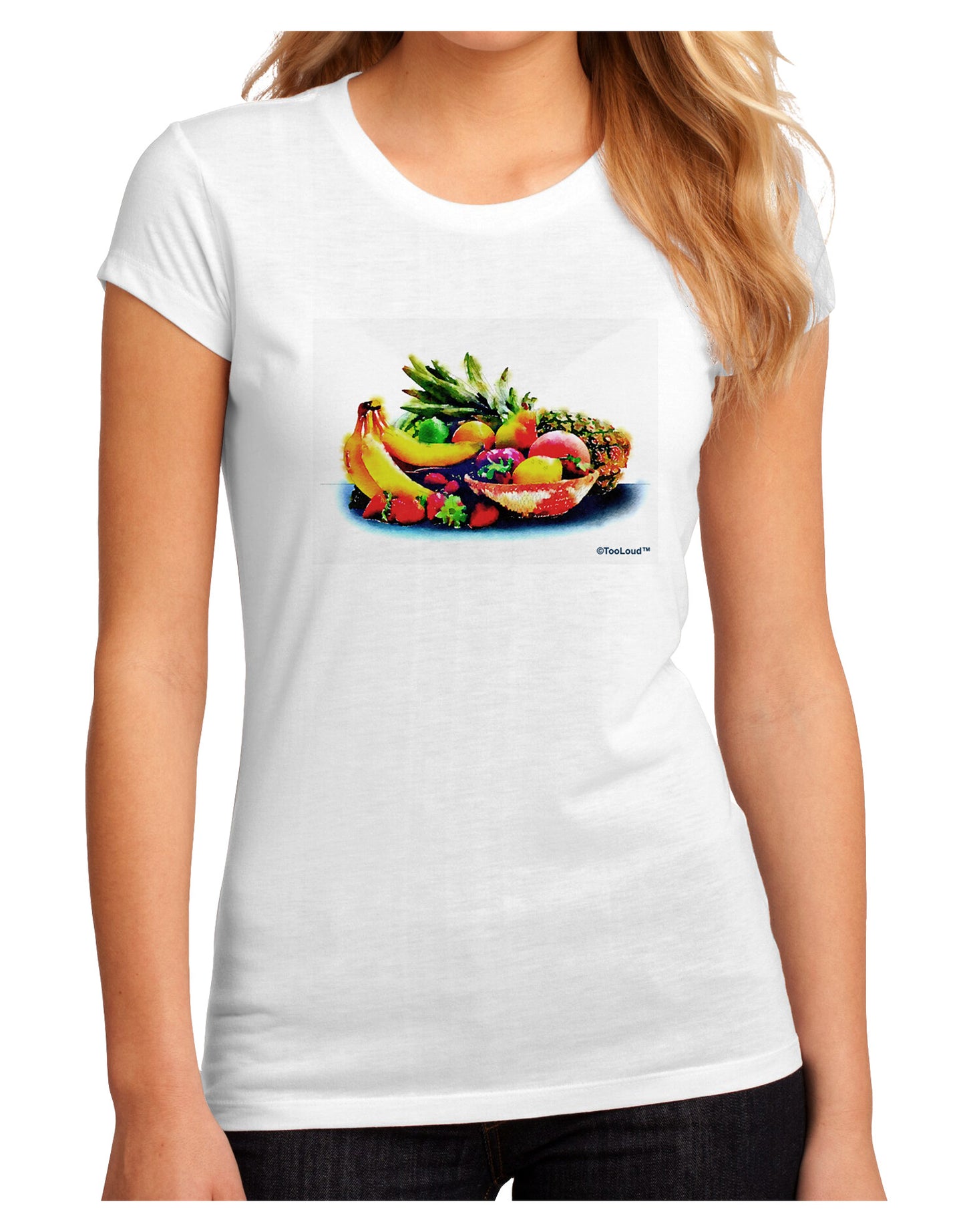 TooLoud Watercolor Fruit Bowl 3 Juniors Sublimate Tee-TooLoud-White-Small-Davson Sales
