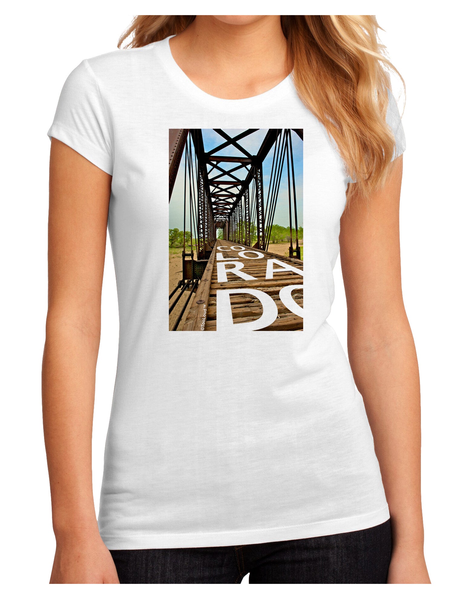 Colorado Bridge Text Juniors Sublimate Tee-TooLoud-White-Small-Davson Sales