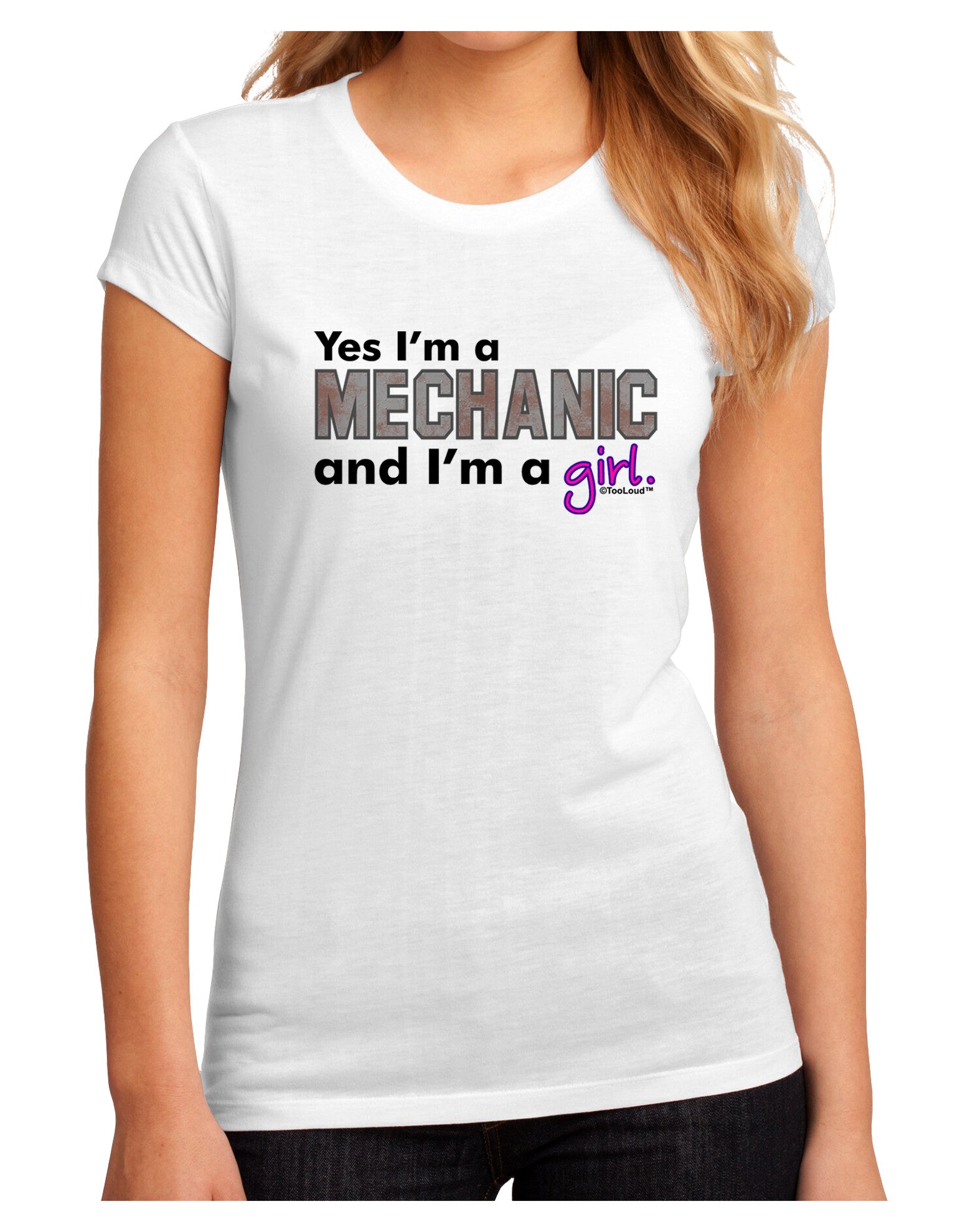 Yes I am a Mechanic Girl Juniors Petite Sublimate Tee-TooLoud-White-Small-Davson Sales