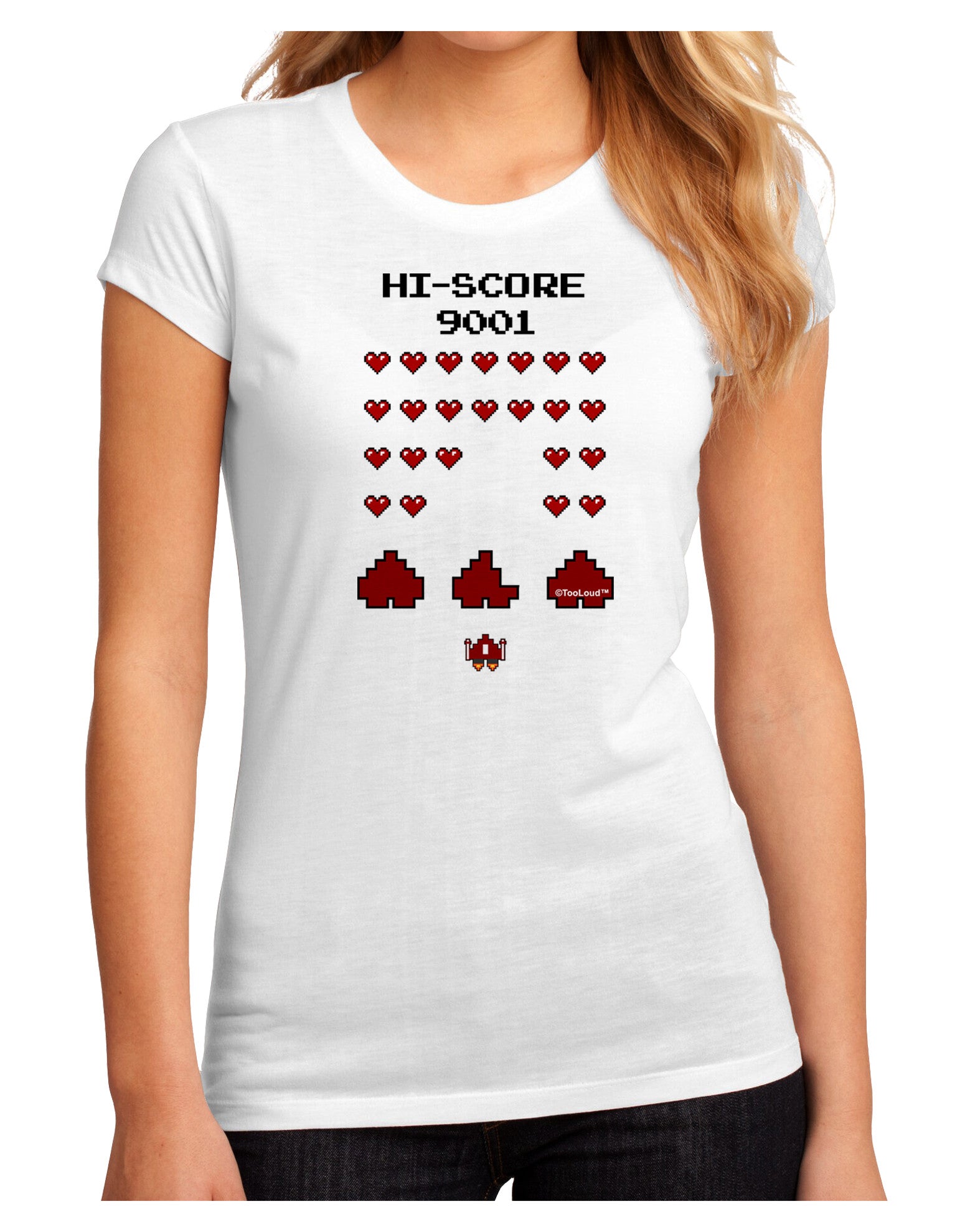 Pixel Heart Invaders Design Juniors Petite Sublimate Tee-TooLoud-White-Small-Davson Sales