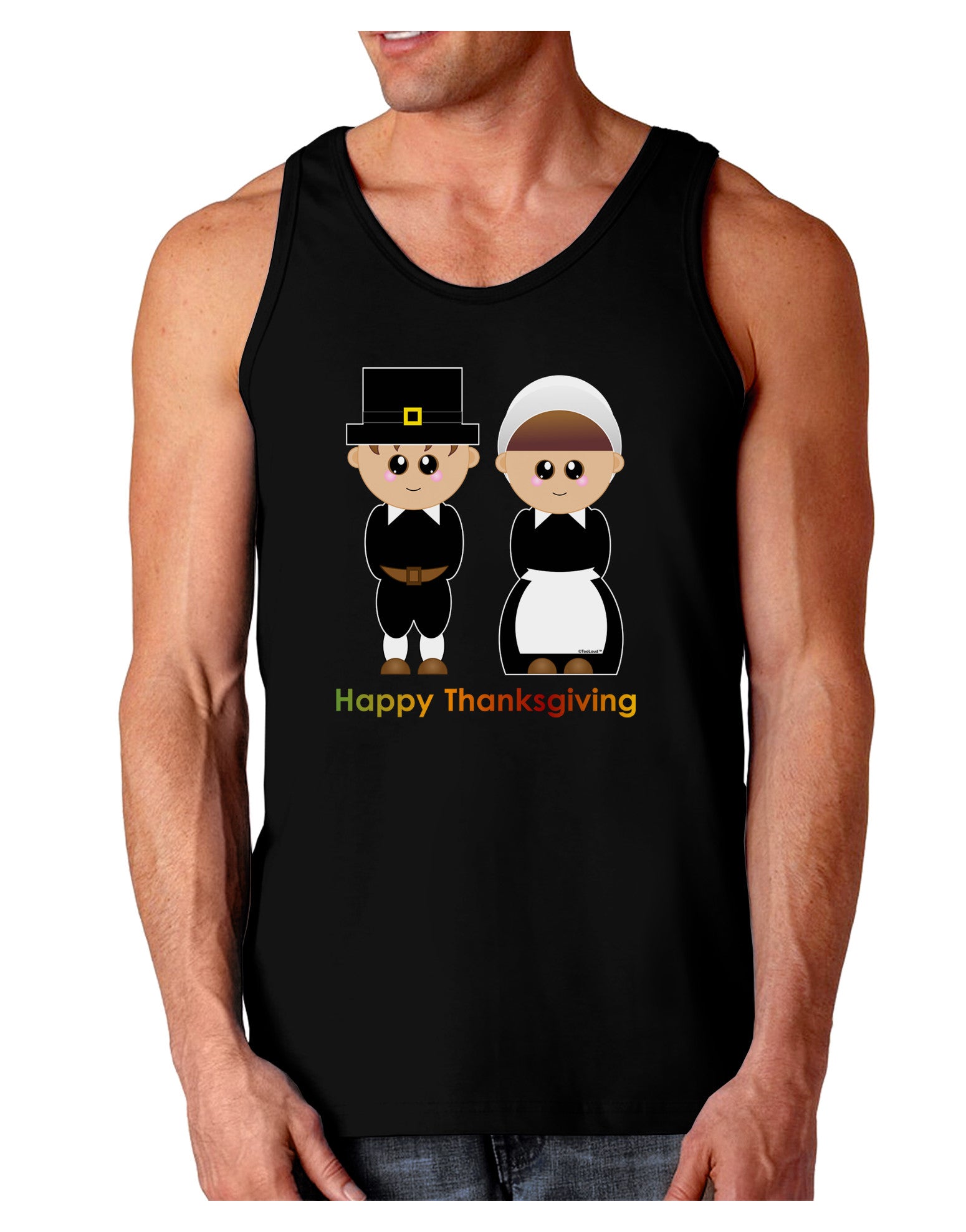 Cute Pilgrim Couple Happy Thanksgiving Dark Loose Tank Top-Mens Loose Tank Top-TooLoud-Black-Small-Davson Sales