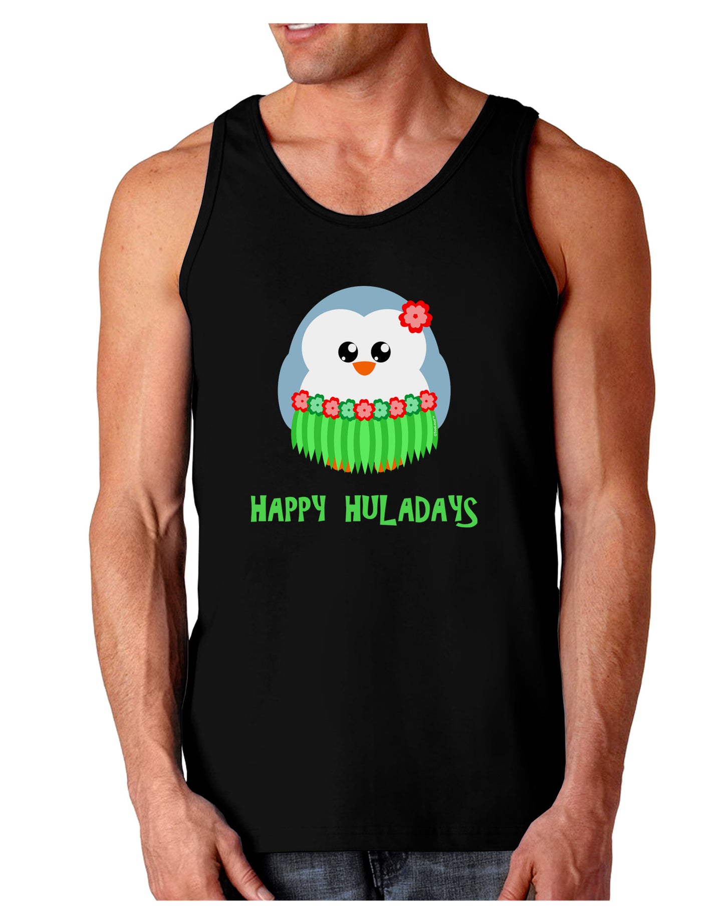 Happy Huladays Christmas Penguin - Red and Green Dark Loose Tank Top-Mens Loose Tank Top-TooLoud-Black-Small-Davson Sales