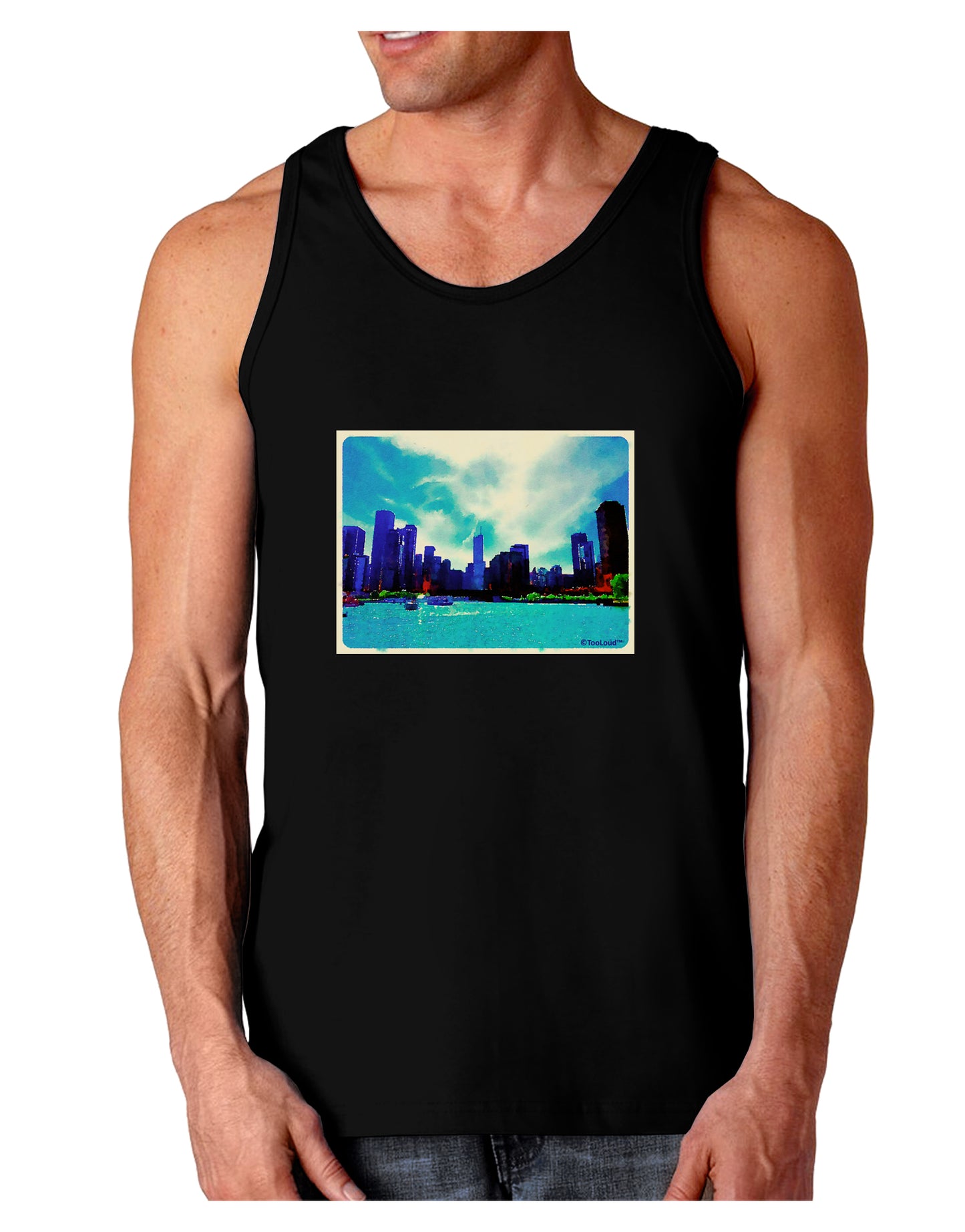 Chicago Skyline Watercolor Dark Loose Tank Top-Mens Loose Tank Top-TooLoud-Black-Small-Davson Sales