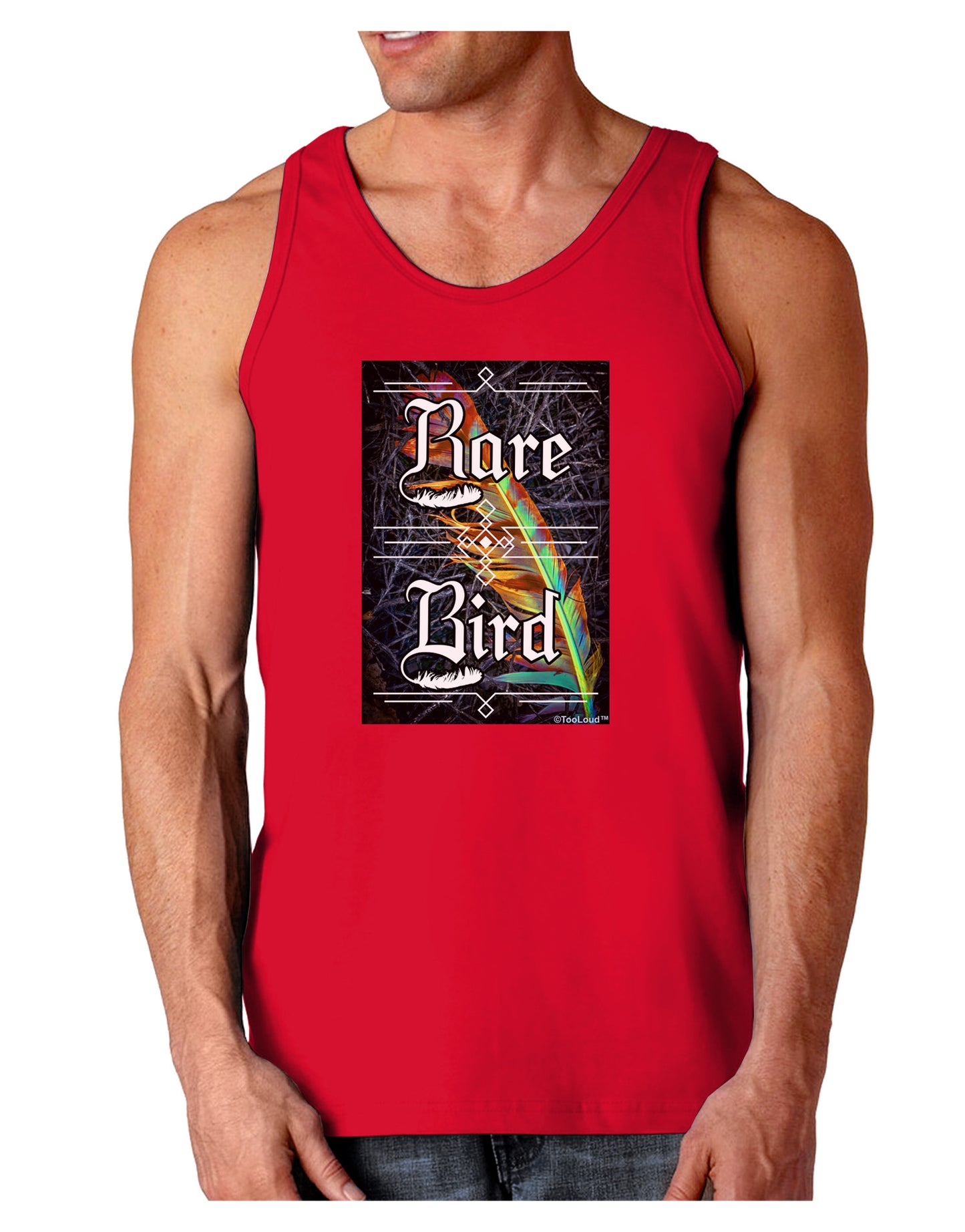 Rare Bird - Colorful Feather Dark Loose Tank Top-Mens Loose Tank Top-TooLoud-Red-Small-Davson Sales