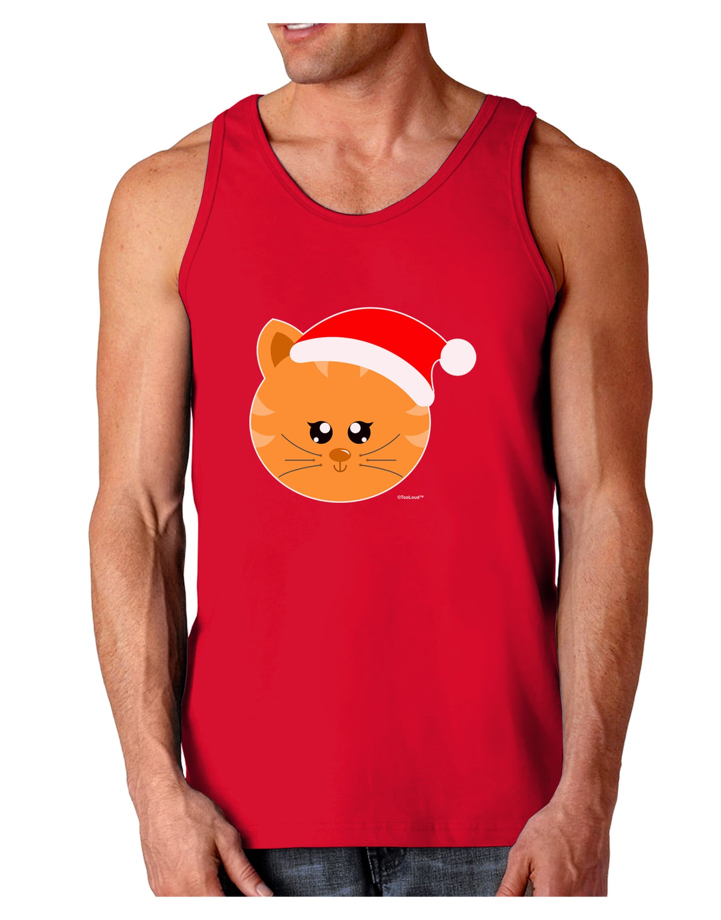 Cute Christmas Cat Santa Hat Dark Loose Tank Top-Mens Loose Tank Top-TooLoud-Red-Small-Davson Sales