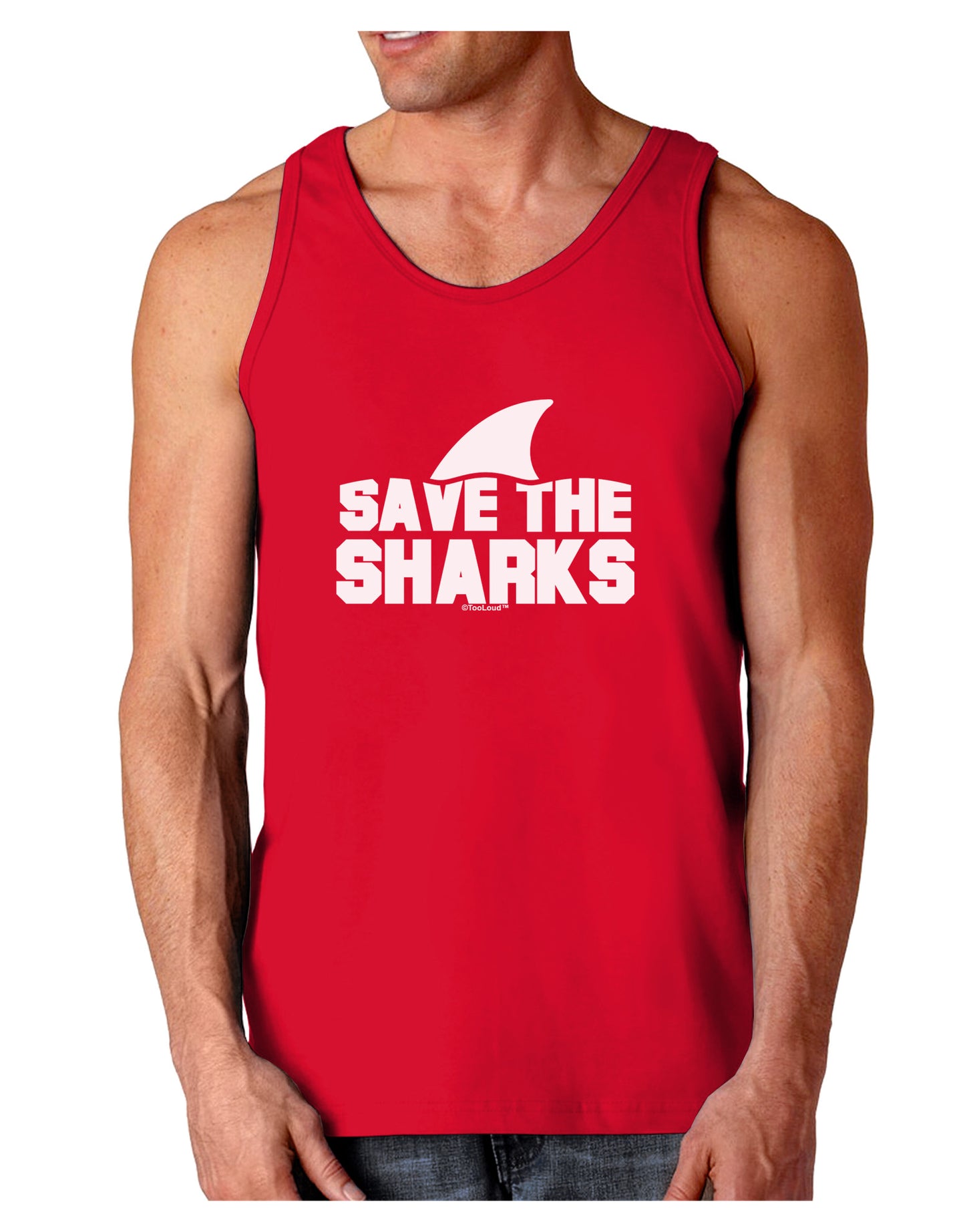 Save The Sharks - Fin Dark Loose Tank Top-Mens Loose Tank Top-TooLoud-Red-Small-Davson Sales
