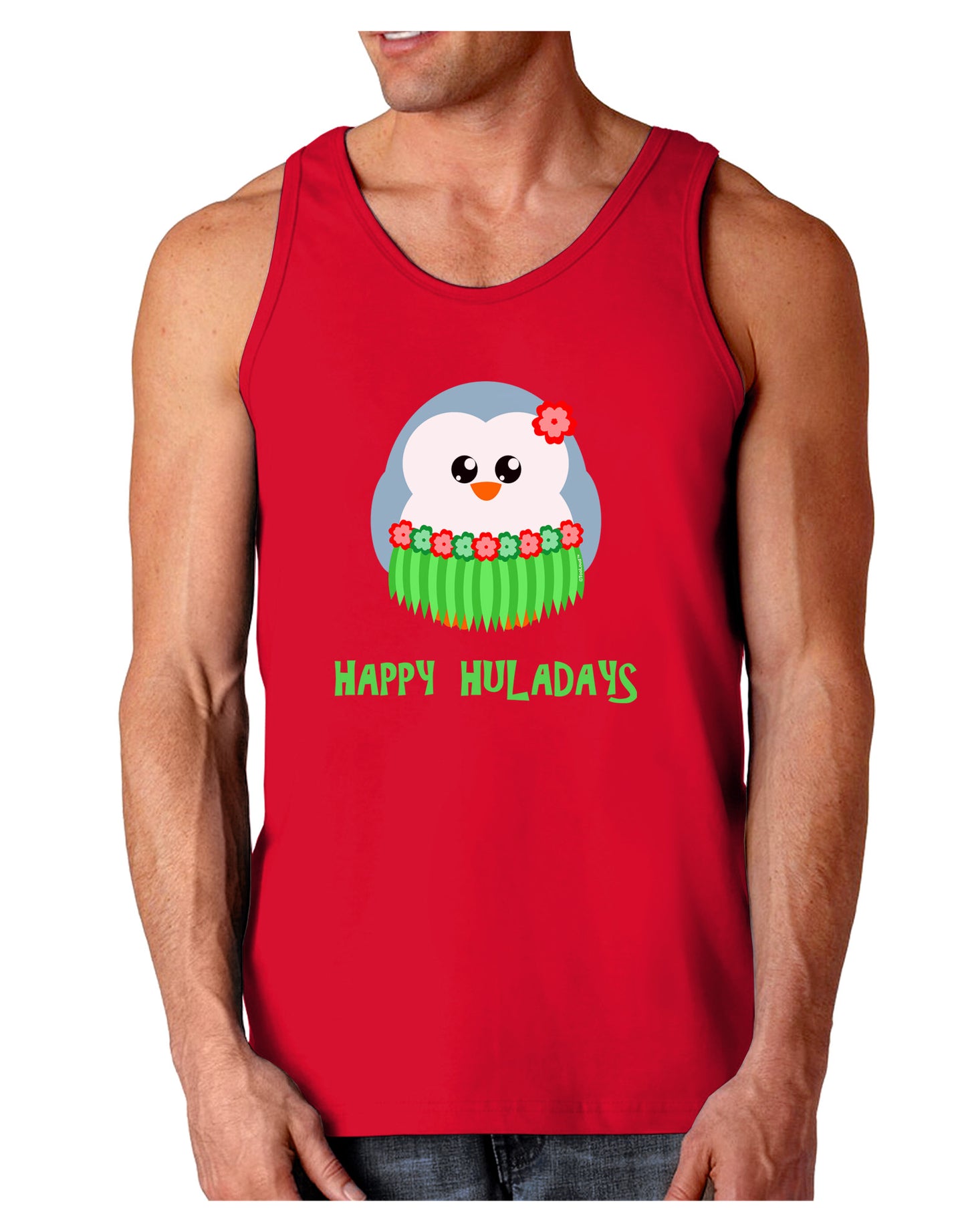 Happy Huladays Christmas Penguin - Red and Green Dark Loose Tank Top-Mens Loose Tank Top-TooLoud-Red-Small-Davson Sales