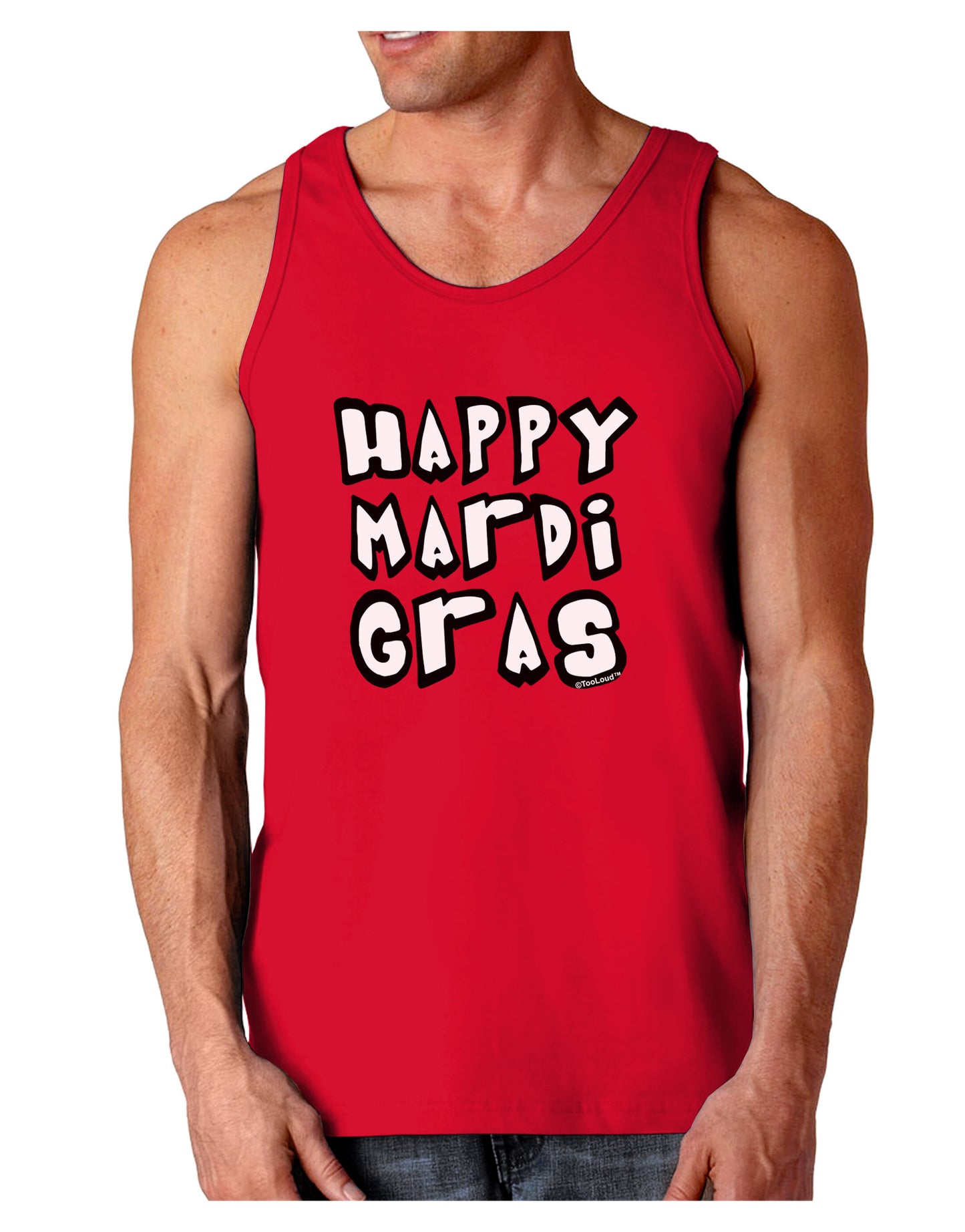 Happy Mardi Gras Text 2 BnW Dark Loose Tank Top-Mens Loose Tank Top-TooLoud-Red-Small-Davson Sales