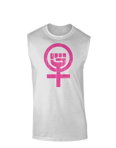 Pink Distressed Feminism Symbol Muscle Shirt-TooLoud-White-Small-Davson Sales