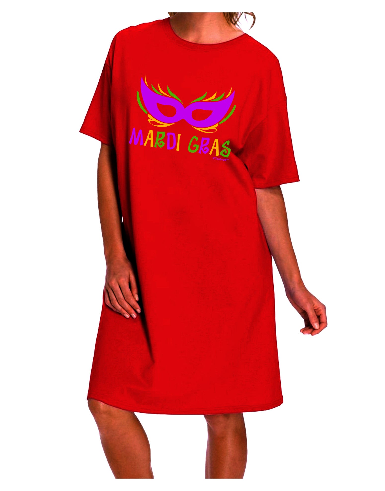 Mardi Gras Themed Adult Night Shirt Dress in Purple, Gold, and Green with Mask Design by TooLoud-Night Shirt-TooLoud-Red-One-Size-Davson Sales