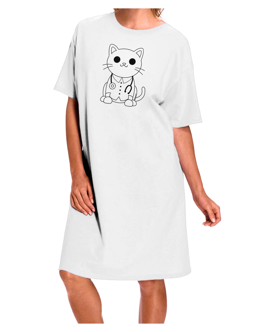 Elegant White Adult Night Shirt Dress with Cat Doctor Coloring Book Style - One Size-Night Shirt-TooLoud-White-Davson Sales