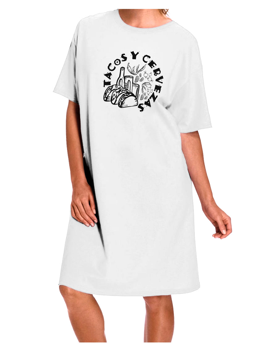 Trendy and Comfortable Tacos Y Cervezas Adult Night Shirt Dress in White - One Size-Night Shirt-TooLoud-Davson Sales