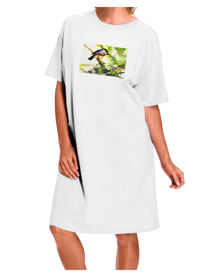 Chic and Elegant CO Chickadee Watercolor Adult Night Shirt Dress in White - Available in One Size-Night Shirt-TooLoud-White-OSFM-Davson Sales