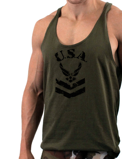 USA Military Air Force Stencil Logo Mens String Tank Top-LOBBO-Army-Green-Small-Davson Sales