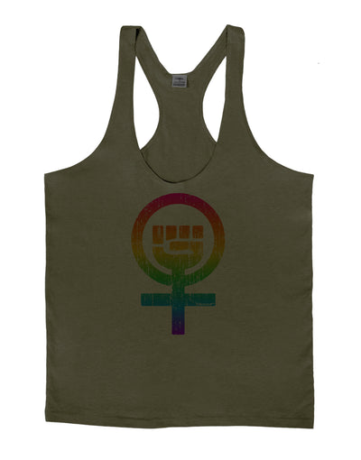 Rainbow Distressed Feminism Symbol Mens String Tank Top-Men's String Tank Tops-LOBBO-Army-Green-Small-Davson Sales
