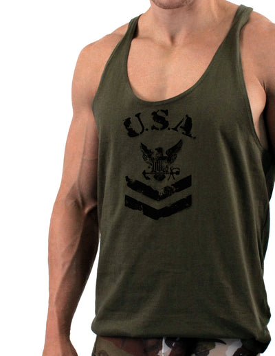 USA Military Navy Stencil Logo Mens String Tank Top-LOBBO-Army-Green-Small-Davson Sales